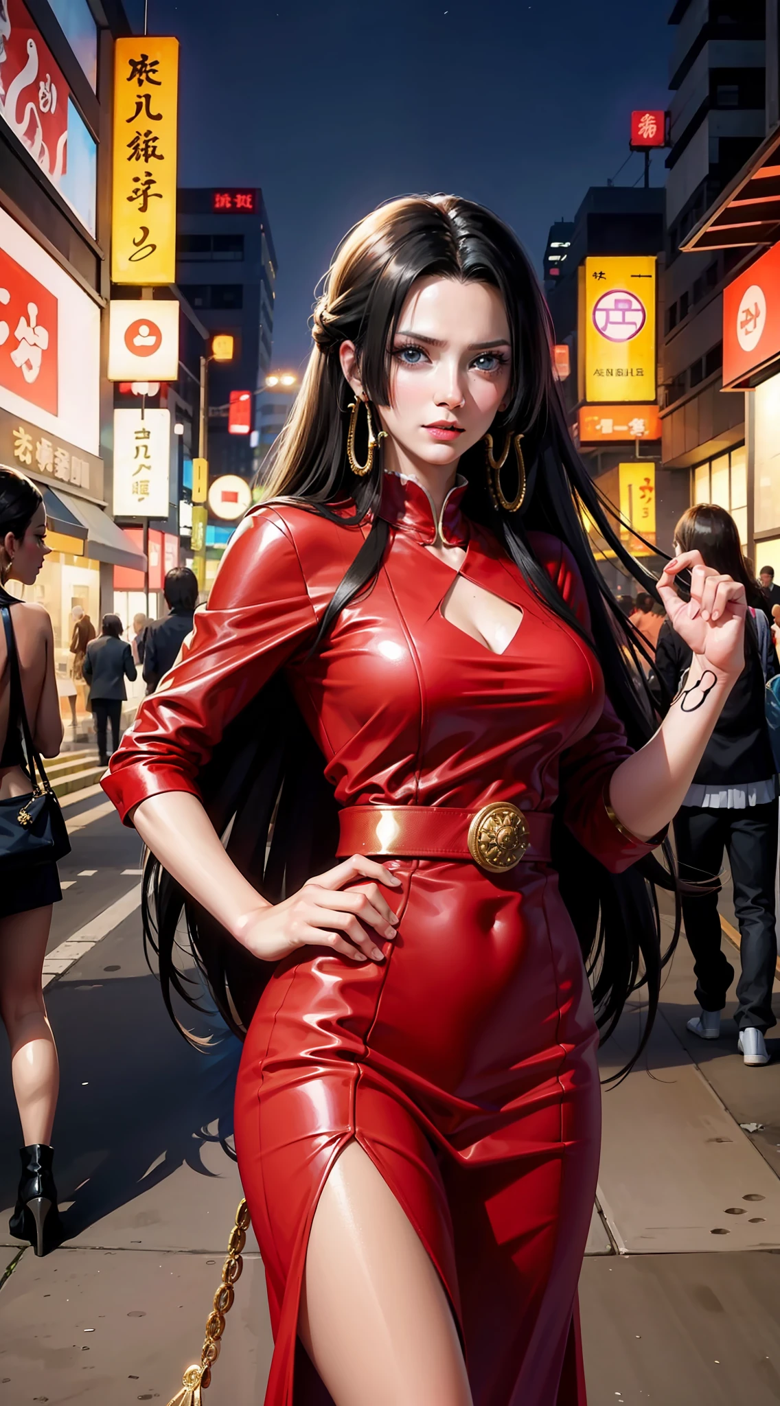 boa hancock from anime one piece, beautiful woman, very beautiful, perfect body, perfect breasts, dark hair, long hair, updo hair, slightly smiling expression, wearing expensive red dress very beautiful dress, beautiful dress, being in a public place, being in tokyo city, night, standing, Realism, masterpiece, textured skin, super detailed, high detailed, high quality, best quality, 1080p, 16k