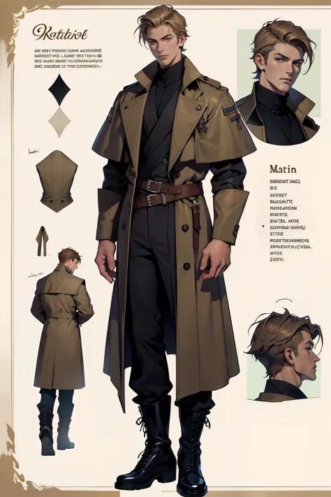 reference sheet：1.8，super details，high quality，master piece，A tall boy，Handsome face，Manteau，long trousers，Martin boots