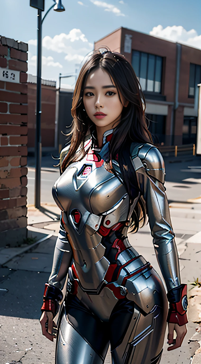 8К, реалистичный, привлекательный, очень подробный, a 20 year old girl a sexy and привлекательный woman inspired by Iron Man wearing a shiny Iron Man mech. Она одевается сексуально и уверенно., отличная интерпретация Железного Человека&#39;сила и харизма. Заброшенный склад служит фоном, создание уникальной атмосферы, подчеркивающей ее храбрость и настойчивость. Облачное небо добавляет всей сцене ощущение напряжения и загадочности.. Это высокое разрешение, высококачественное изображение подарит вам шокирующие визуальные впечатления. Детализированный заброшенный склад и блестящие роботы будут привлекать к вам внимание.. OC-рендеринг, Драматическое освещение, отмеченное наградами качество