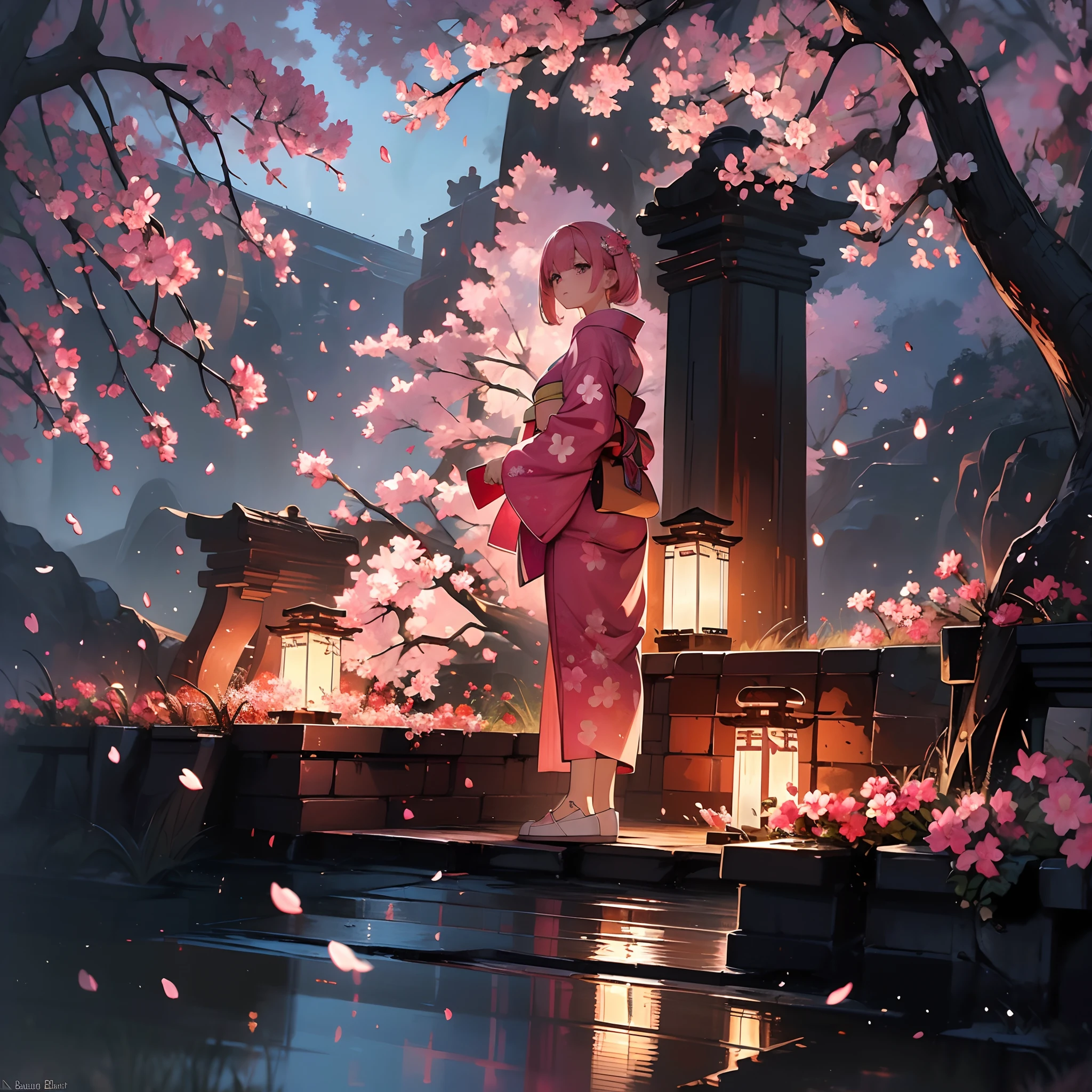 (8k wallpaper:1.2),(Ultra-high resolution:1.2),(masterpiece:1.1),wallpaper,High quality,masterpiece,(High detail),1girl,pink hair, wearing a pink kimono,standing near a cherry blossom tree, surrounded by cherry blossoms,cherry blossom leaves falling, absolutely stunning art, extremely detailed, highest quality digital art, highest resolution, HD, wallpaper 8k,