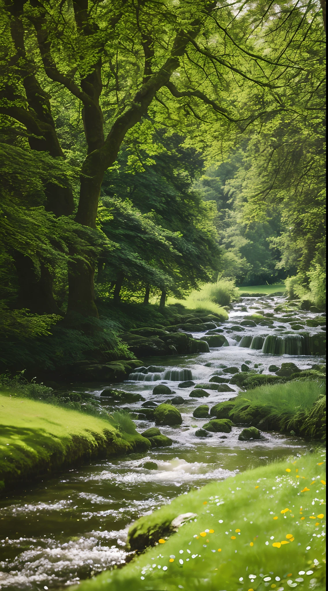 tmasterpiece，super detailing，best qualtiy，Perfectcomposition，A high resolution，Natural soft light，Photographic realism style，SLR shooting effect，8K。Summer woods，A big tree by the stream，lawns，sonoko，benches，Woods in the distance，Sunny breeze