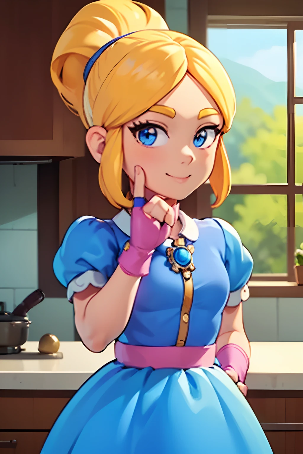 (masterpiece, best quality:1.2), cowboy shot, solo, 1girl, piper, smile, looking at viewer, (hand on own cheek:1.2), blonde hair, ponytail, blue dress, puffy short sleeves, fingerless gloves, kitchen