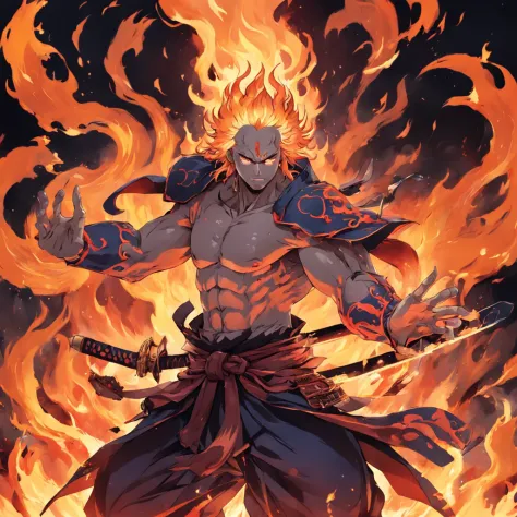 I want to draw Fudo Meioh, Ming King of Buddhism, With a touch like an old samurai。Surrounded by flames、Flames covered mainly with human parts。I have a sword in my hand。