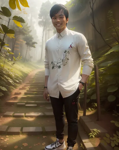 Forest background , air jordan shoes , hair colour change , clothes change ,white skin, smile