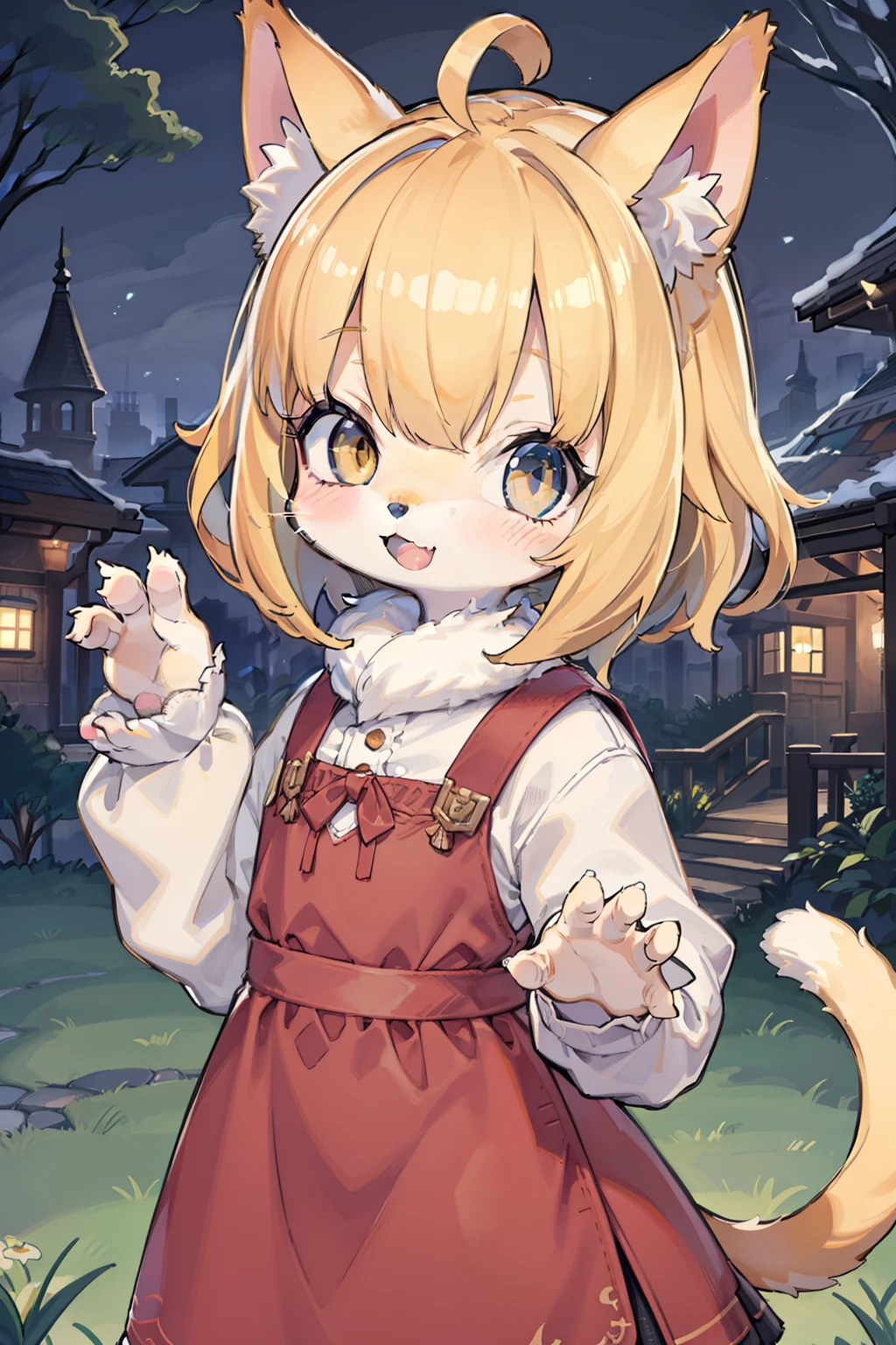 garden, short hair, blonde hair, ahoge, lower body, child, furry, cat ears, open mouth, No spots, Cubs, Yellow hairs all over, Yellow fur all over, Cat ear, Cat type, Big fluffy tail, masterpiece, high quality portrait, anthro, cub, whiskers, solo child boy, windy, posing, full shot, ultra cute face