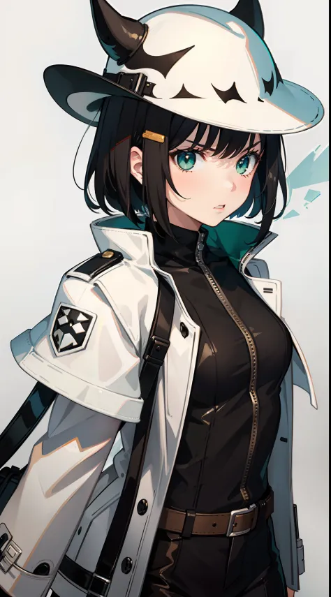 young girl, short black hair, Green eyes, White Mask, brown leather coat, hat, Rorschach, angry, Masterpiece, hiquality