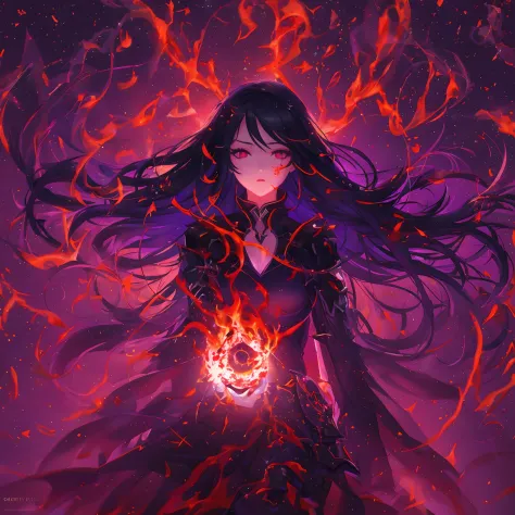 1girl, black hair, red eyes, fire witch, blood, light particles, light rays, wallpaper, high contrast, colorful