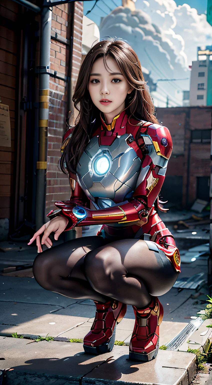 8k，de manière réaliste，glamour，Le est très détaillé，Une jeune fille de 20 ans, une femme sexy et charmante, est inspiré par Iron Man，Une pose sexy enchanteresse，À moitié accroupi sur le sol，Porter un robot Iron Man brillant。Elle s&#39;habille pour montrer son côté sexy et sa confiance，Il interprète parfaitement la puissance et le charme d&#39;Iron Man。Entrepôt abandonné en arrière-plan，Cela crée une atmosphère unique，Mettez en valeur son courage et sa persévérance。Le ciel nuageux ajoute une touche de tension et de mystère à toute la scène。Celui-ci est en haute définition、Des images de haute qualité vous offriront une expérience visuelle époustouflante，Des entrepôts abandonnés détaillés et des mechs brillants garderont vos yeux ouverts。Rendu OC，lumières dramatiques，Qualité primée