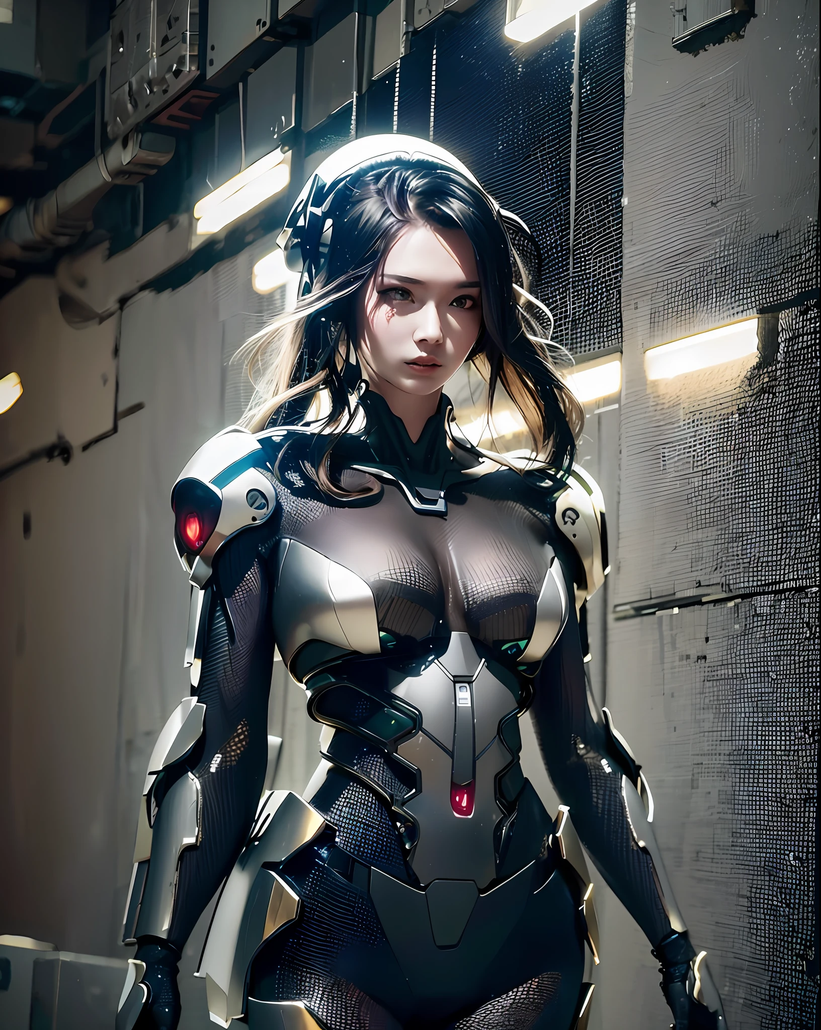 1 woman in a futuristic suit standing in a building, girl in mecha cyber armor, samurai sword sheathed on back. clothed in sci-fi military armor, girl in knight armor, cyberpunk anime girl mech, armor girl, female cyberpunk anime girl, wearing Tech wear and armor, wearing futuristic armor, female mecha, covered in full metal armor, wojtek fus, cyberpunk suit. realictic. photo realistic. unreal engine 5.