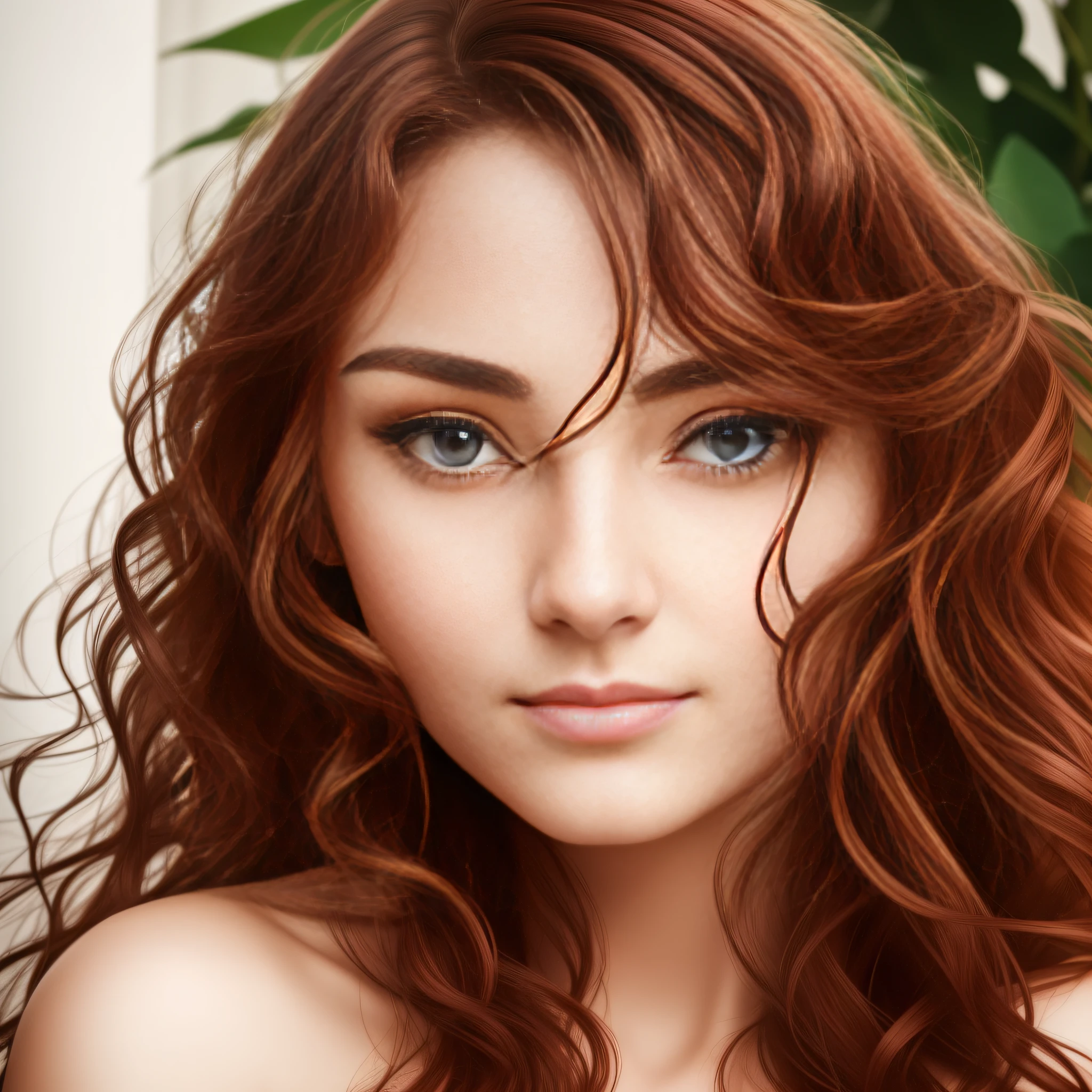 a beautiful girl in her 20s with a sculptural face, clear eyes, of finnish, european descent, fair and smooth skin, wonderful beautiful woman with sexy countenance and piercing gaze, with straight and wavy red hair