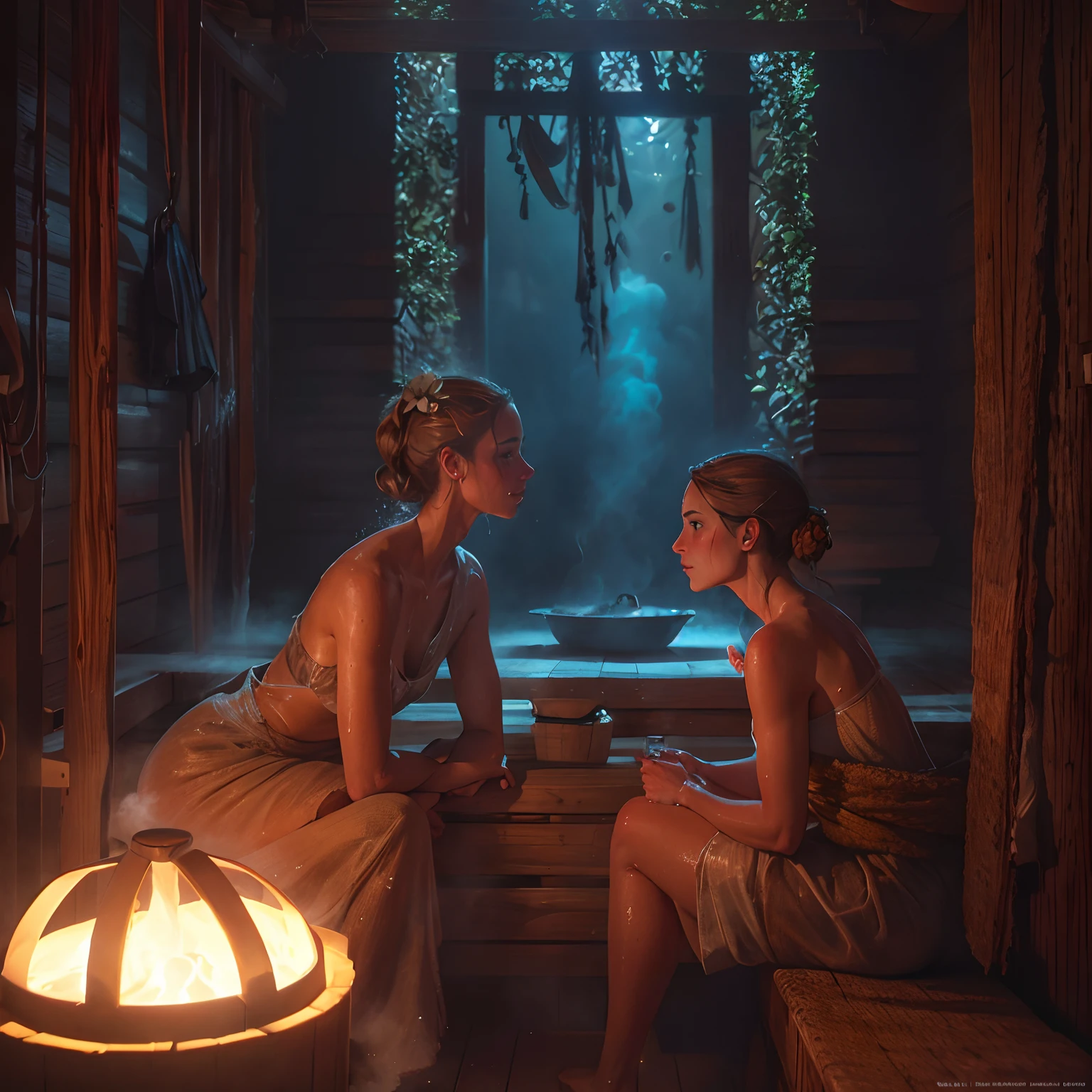 杰作 , 高细节, 两名女子在蒸汽桑拿室, 他们的脸上洋溢着汗水和放松.
