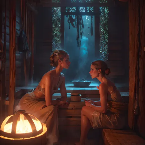 masterpiece , high details, Two women in a steamy sauna, their faces glowing with sweat and relaxation.