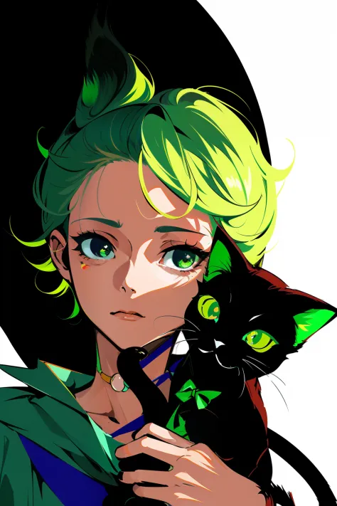 A black cat，Green pupils，The background of the look