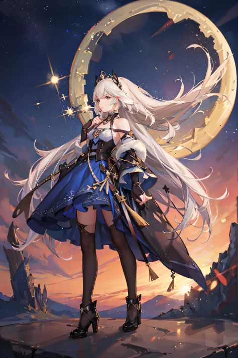 (It depicts a scene in the desert on a moonlit night with a hazy haze, and a princess gazing at the landscape from her camp). (Her outfit is delicate and beautifully designed, and she is clad in enough to keep out the chill of the desert night). (A star-fi...