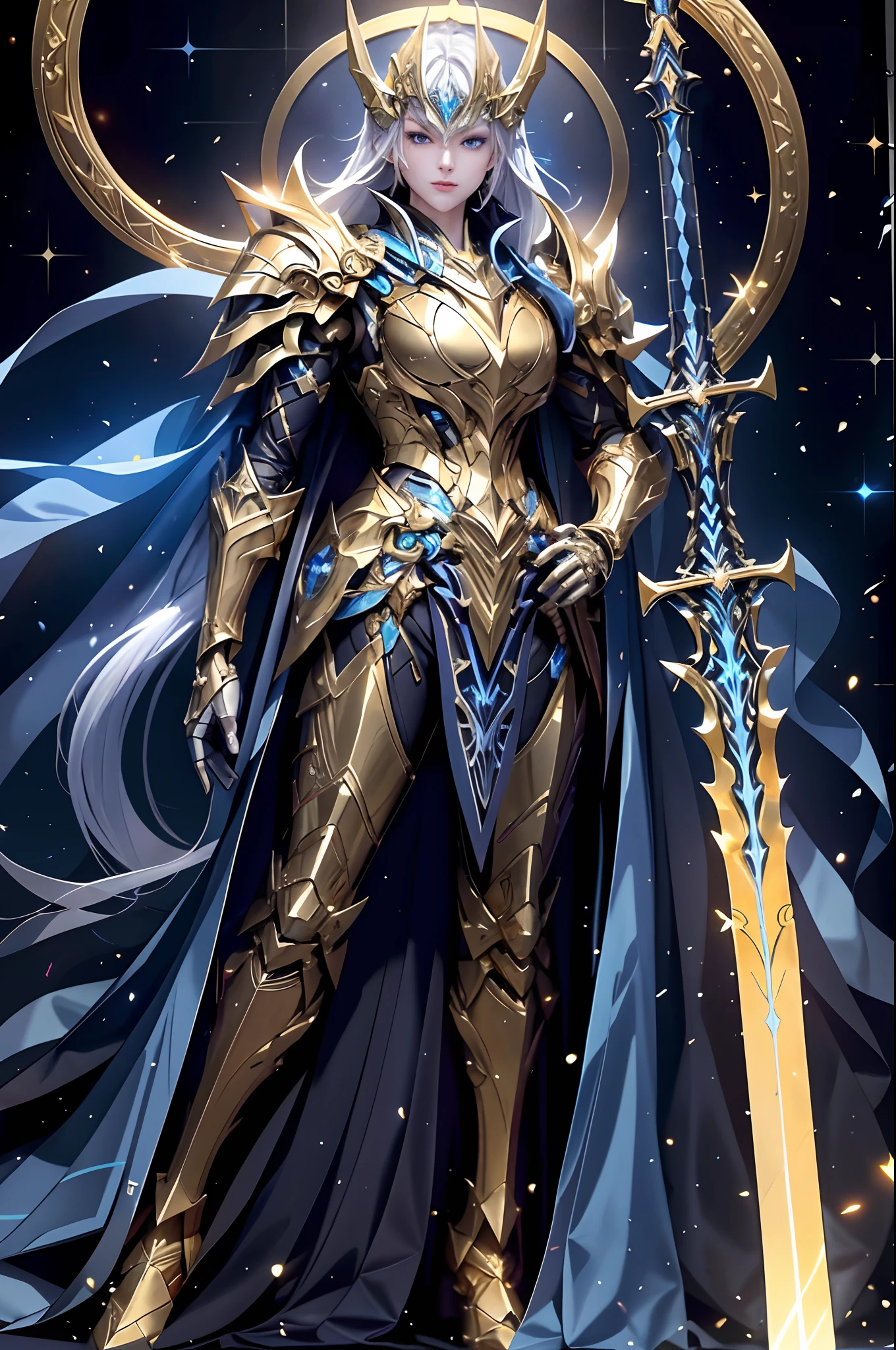 身穿金色盔甲的令人驚嘆的聖騎士, 手持兩把光芒四射的劍. 他們堅定的藍眼睛在黑暗的城市景觀中導航, 用劍的光芒照亮複雜的細節. 美學捕捉美麗與深度.