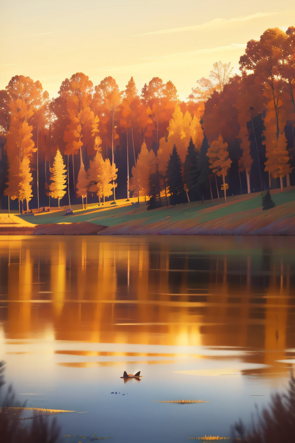 autumnal, golden colored, phragmites, lake water, Wild goose, first-person view, ccurate, highres