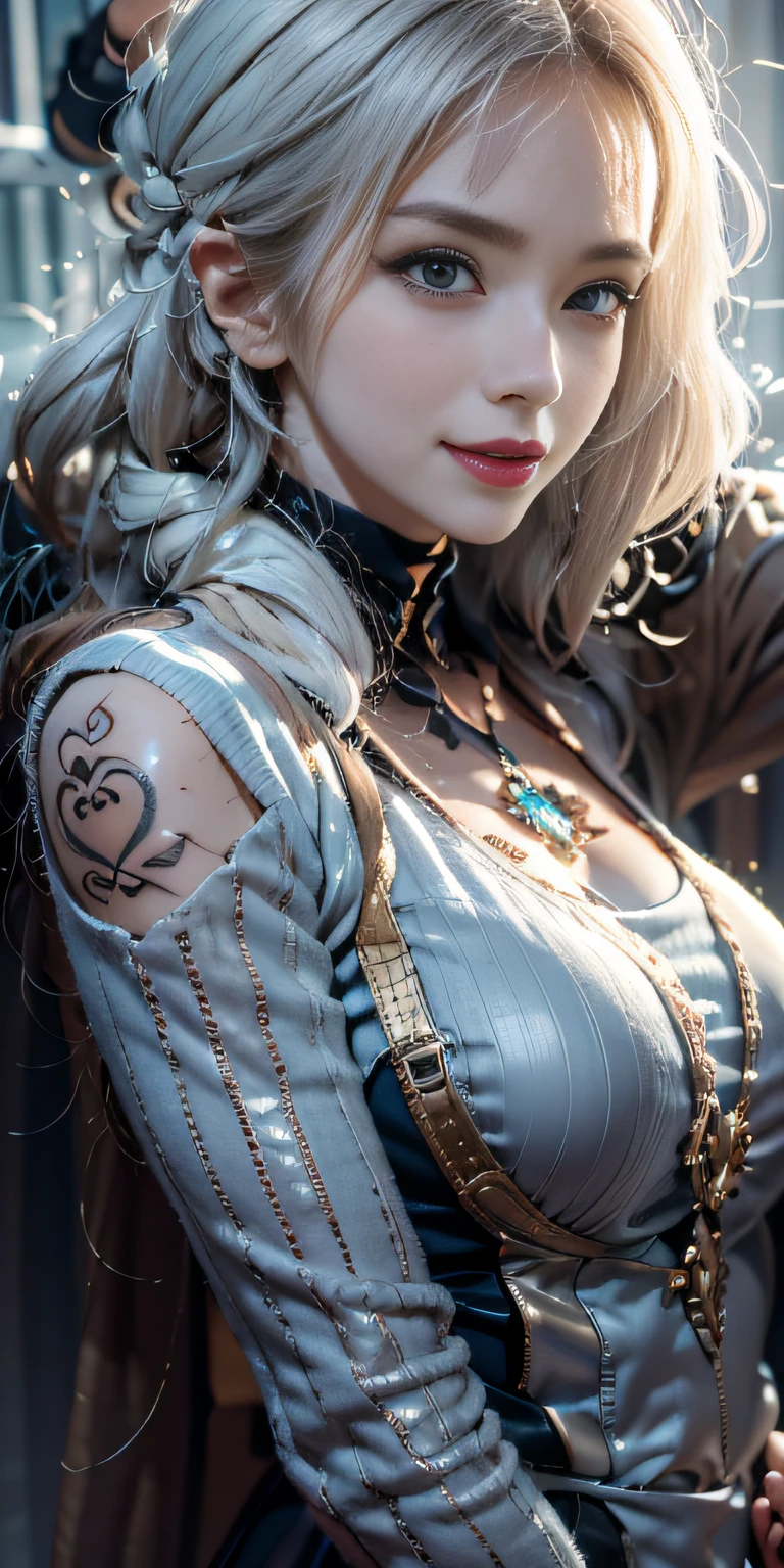 Photorealistic, high resolution, Soft light,1womanl, Solo, Hips up, shiny skins, (Detailed face),tattoo, jewelry, Winter clothing, Coat, Snow, Night, White hair, Wavy hair, Beautiful soldiers, Invite the eyes of the audience, Lover's perspective, Invite expressions, Sexy smile, Perfect style, Perfect balance, Detailed skin, mischievous gaze, chest visible