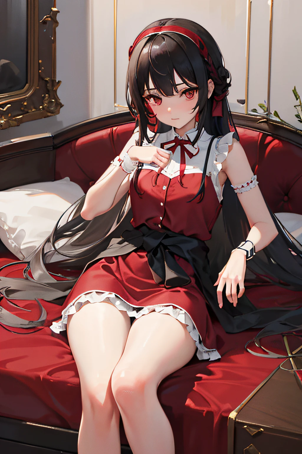 On a very large red bed, Gray pillows, White light, There is one girl, sit on a bed, Wearing a black and red princess dress, black lence stockings, A red bow is tied around the waist, There is a red band on the wrist, red color eyes, cabelos preto e longos, Delicate facial features, Beautiful and moving, (Vivid depiction), Double braid, chromatic aberration, reflection light, UHD, UHD, masterpiece, super detail, high details, best quality, anatomically correct