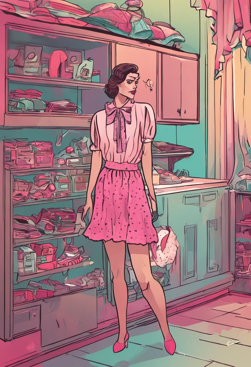 Illustration of a woman in a pink dress standing in a kitchen - SeaArt AI