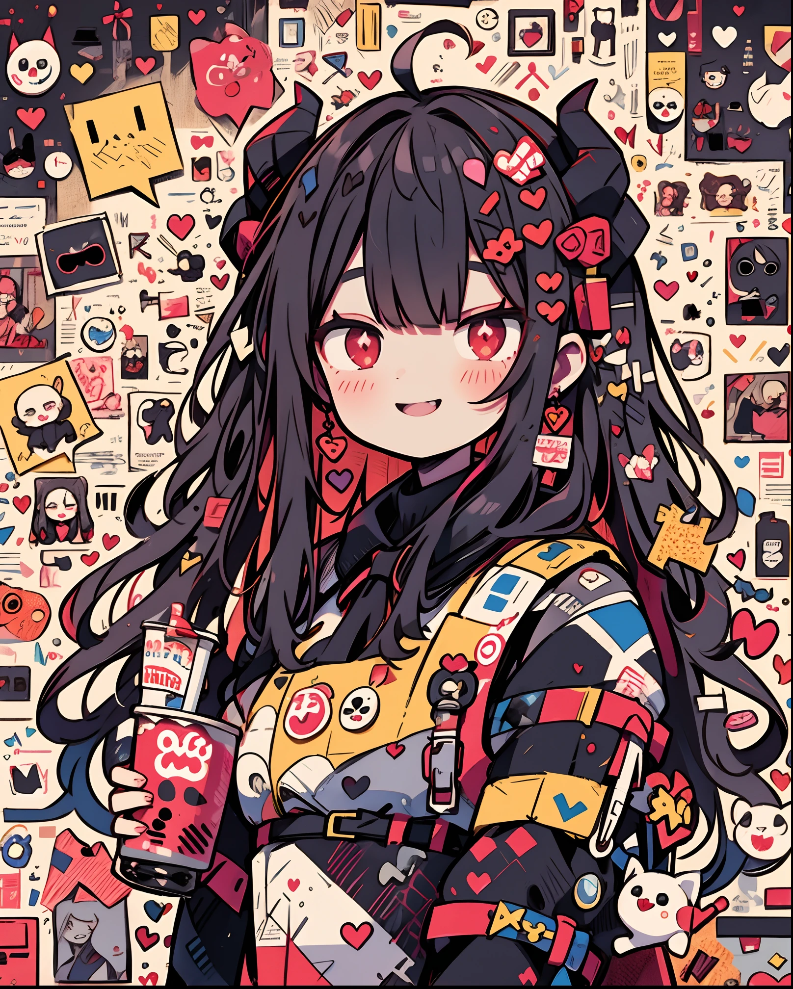 masterpiece, best quality, absurdres, 1girl, solo, cute devil girl, long hair, wavy hair, red eyes, heart-shaped pupils, thin eyebrows, big smile, ((devil horns)), black dress, red heart-shaped neckline, holding a buuble tea, looking at viewer, wink, (bubble tea), skulls, hot and fiery tones, flames, hearts, dark background