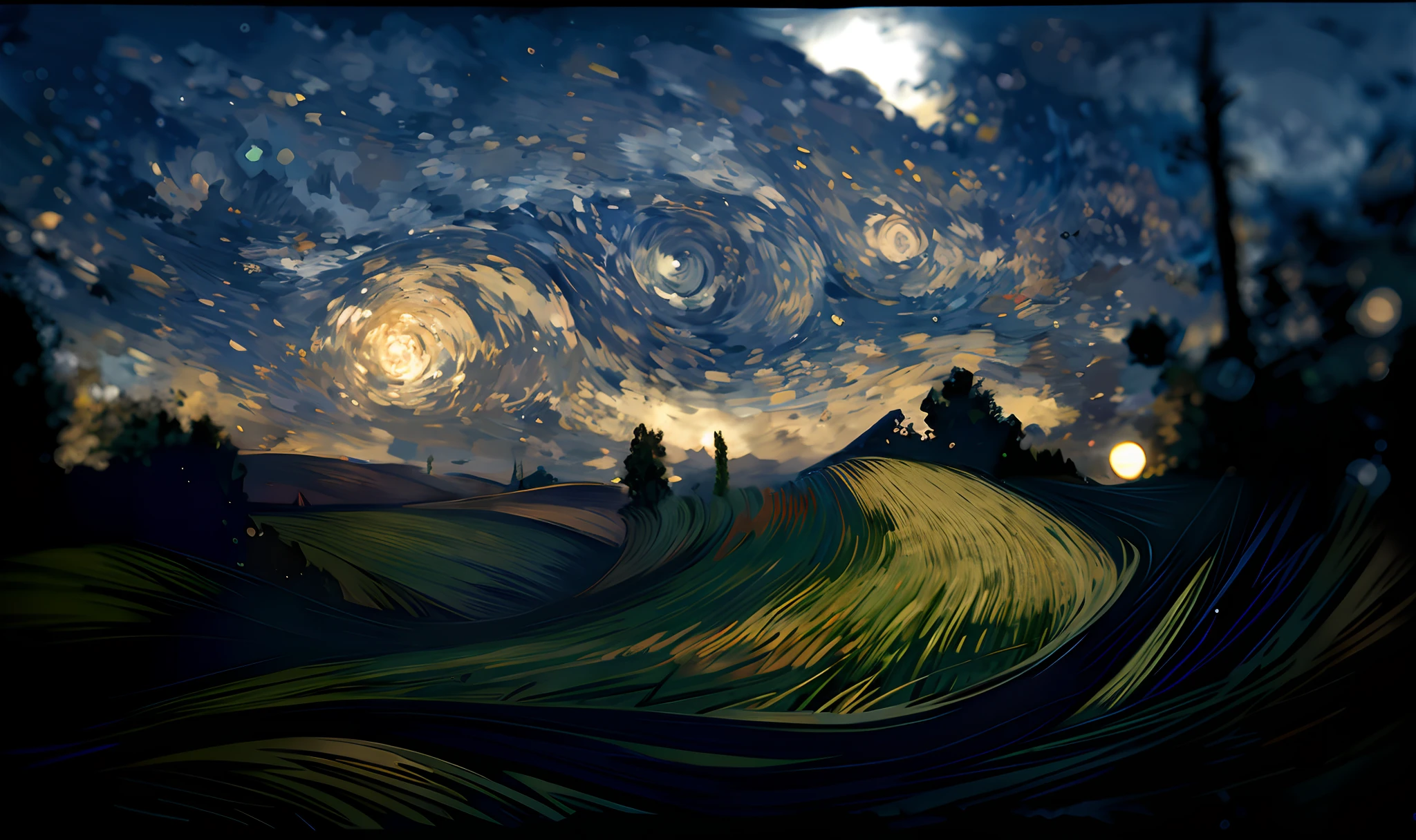 Painting of a night sky with a large wave and a full moon - SeaArt AI