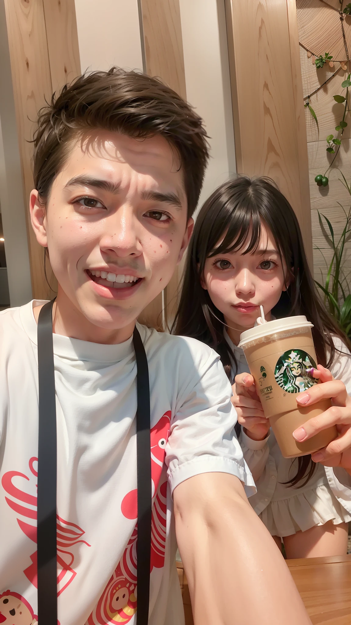 there is a man and woman taking a selfie with a starbucks cup, drinking a strawberry iced latte, starbucks, 🤬 🤮 💕 🎀, ruan jia and brom, in a coffee shop, 😭 🤮 💕 🎀, 8k selfie photograph, ruan jia and fenghua zhong, tyler edlin and natasha tan, 😭🤮 💔