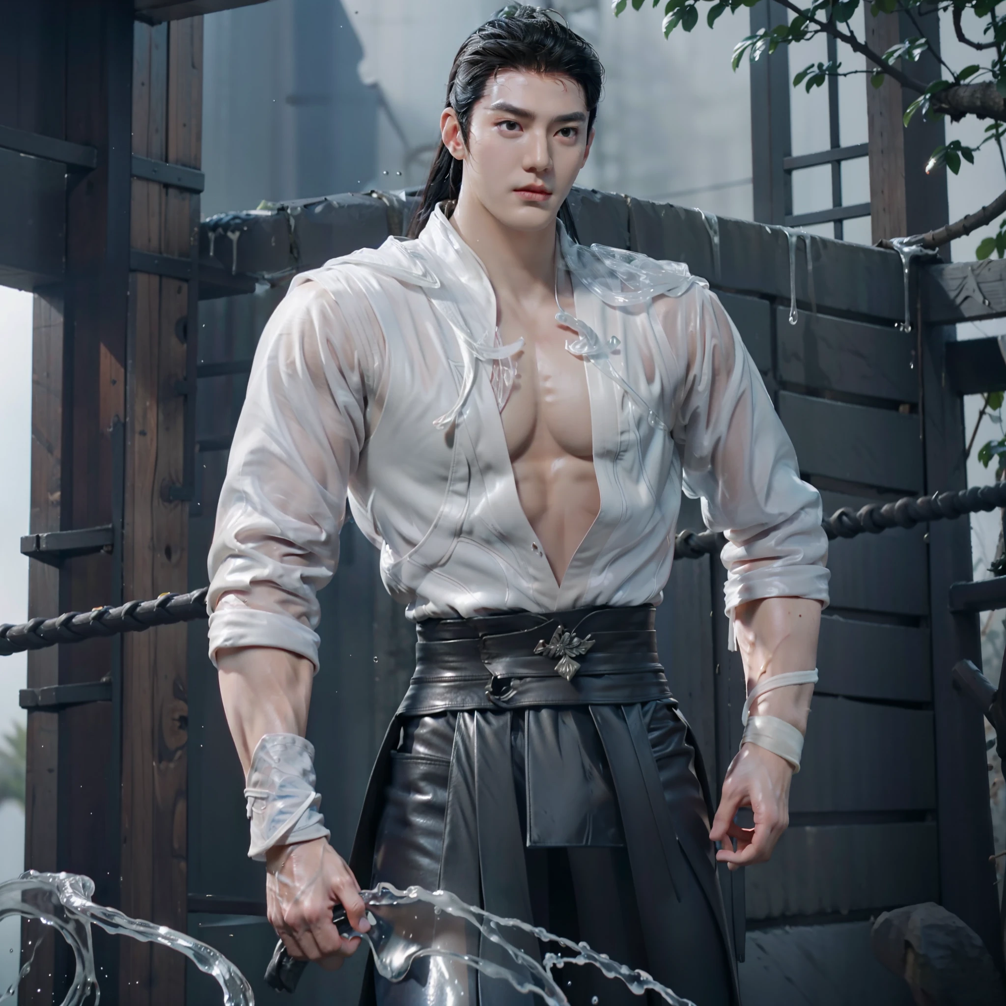 A tall muscular boy , Naked , Legs spread , （The whole body of the character），impact , Sweaty , Wet , Seductive , Bigboobs , large bulge , big balls , big assa，Exposing the pectoral muscles，Wu Yifan，Armour，wounded，（A large amount of transparent white liquid），（binding）