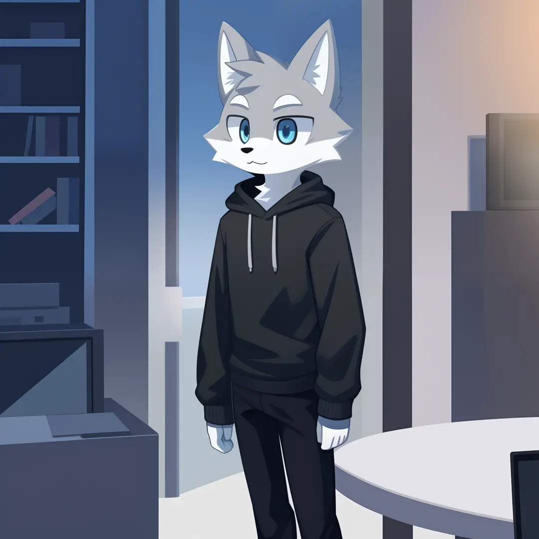 White and gray wolf illustration、Professional technology、soft fluffy fur、male people、Gray hoodie 、Blue eyes、Long black pants、Normal physique、age19、Heavy eyes、long-sleeve、Waist-length clothing、Illustration of only the upper body from the waist up、doodle
