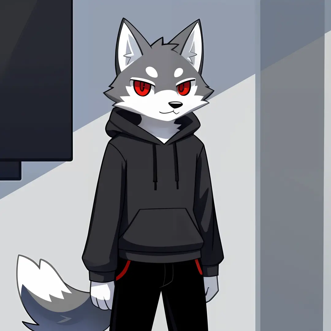 White and gray wolf illustration、Professional technology、soft fluffy fur、male people、Gray hoodie 、Red eyes、Long black pants、Normal physique、age19、Heavy eyes、long-sleeve、Waist-length clothing、Illustration of upper body only、doodle