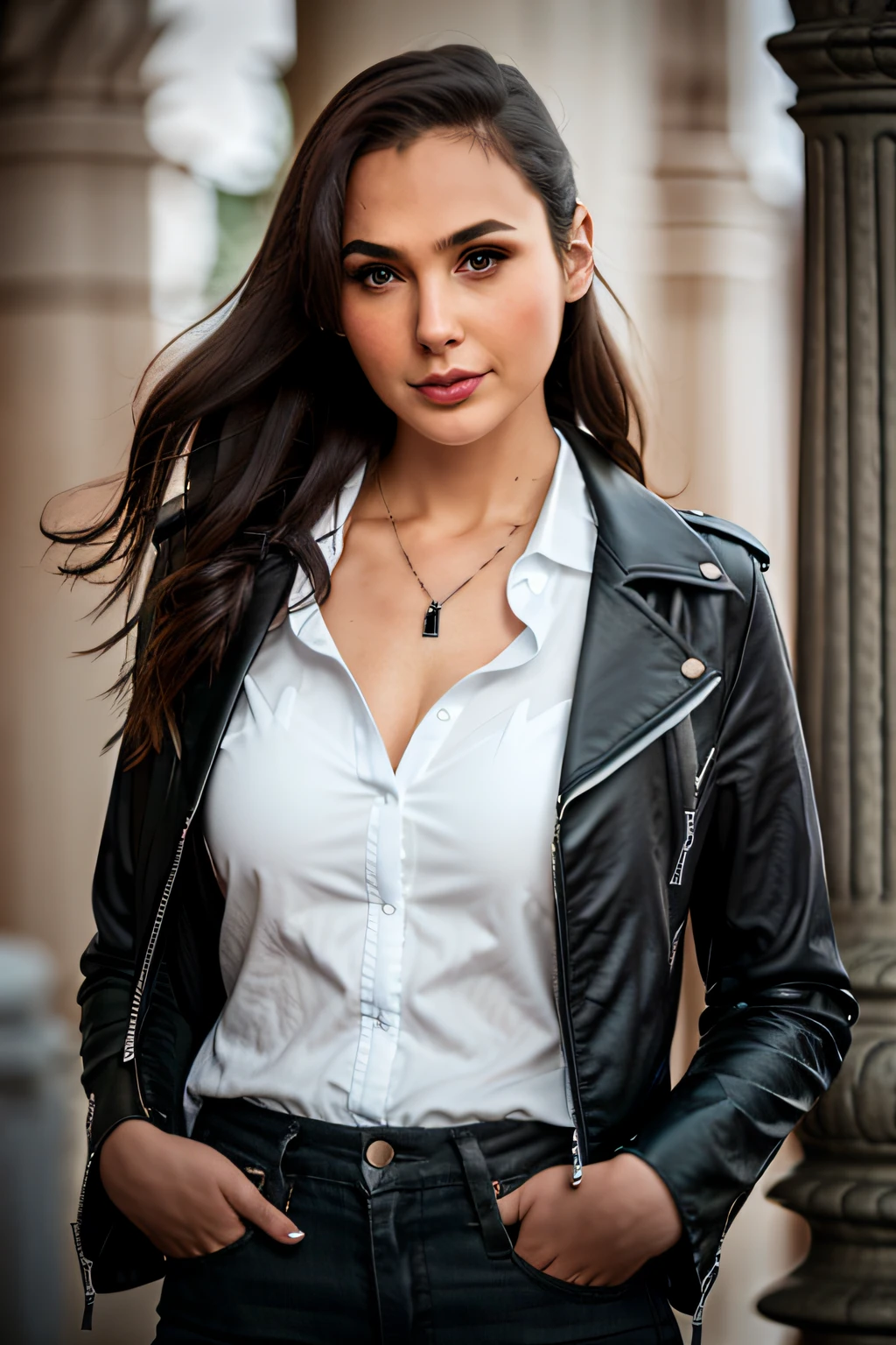 A close up of a woman in a white shirt and black jacket - SeaArt AI