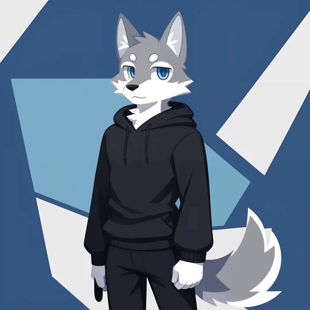 White and gray wolf illustration、Professional technology、soft fluffy fur、male people、Gray hoodie 、Blue eyes、Long black pants、Normal physique、age19、Heavy eyes、long-sleeve、Waist-length clothing、Illustration of only the upper body from the waist up、doodle