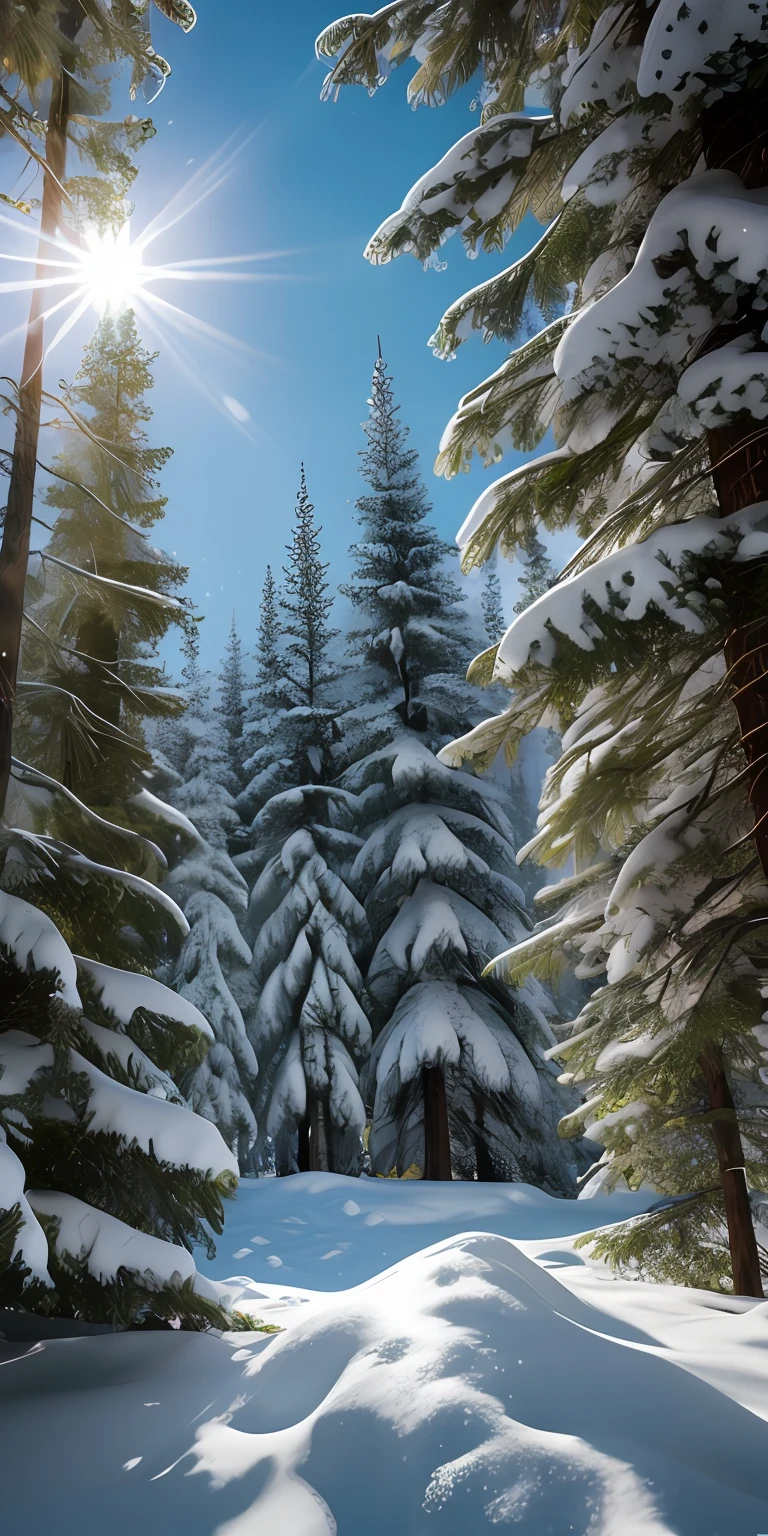 Masterpiece, best quality, high quality, highly detailed CG unity 8k wallpaper, coniferous forest, silence, towering conifers covering the forest floor, severe cold climate, serene beauty, snow, winter, mild summer, breeze, Conifers, branches, bokeh, depth of field, HDR, bloom, chromatic aberration, photorealistic, extremely detailed, popular on artstation, popular on CGsociety, complex, high detail, dramatic, art midway