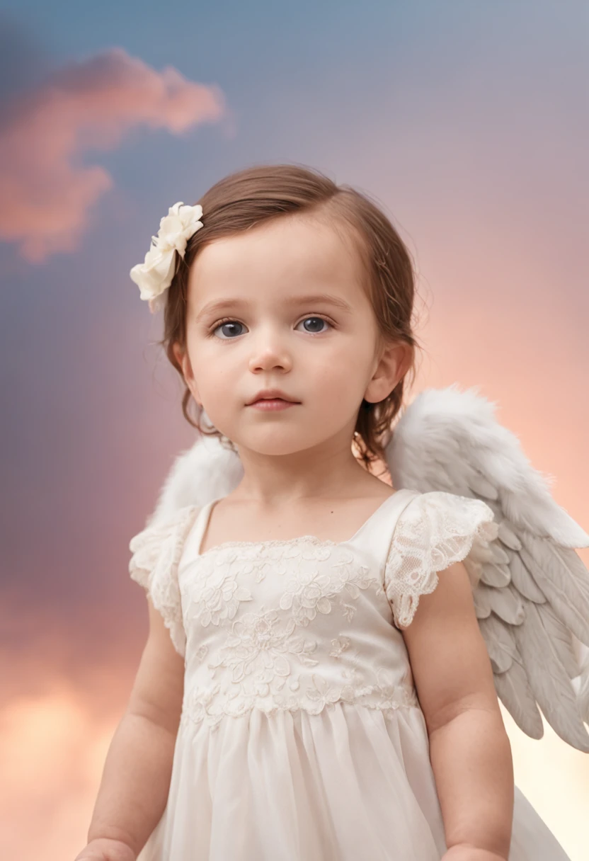 A close up of a child wearing a white dress with angel wings - SeaArt AI