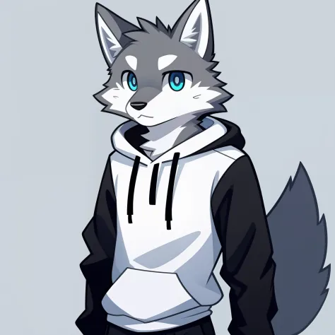 White and gray wolf illustration、Professional Technology、soft fluffy fur、male people、Gray hoodie 、Blue eyes、Long black pants、Physical Normality、age19、Heavy eyes、long-sleeve、Waist-length clothing、Illustration of only the upper body from the waist、doodle