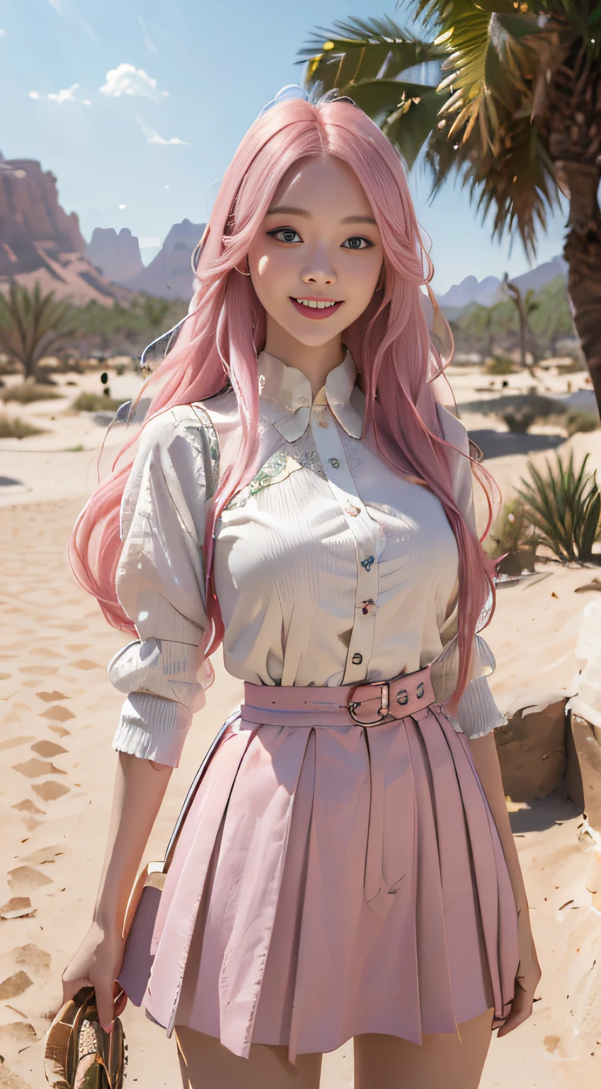 "(1 persons)(((Best quality))),(((Ultra detailed))),(((Masterpiece))),illustration,"

Descriptors：
Hair color：Long pink hair
expression：A smile of joy
clothing：Loose short sleeves and short skirt
scenario：oasis in the desert，Surrounded by greenery，clear lakes，Fine sand and green grass fight each other