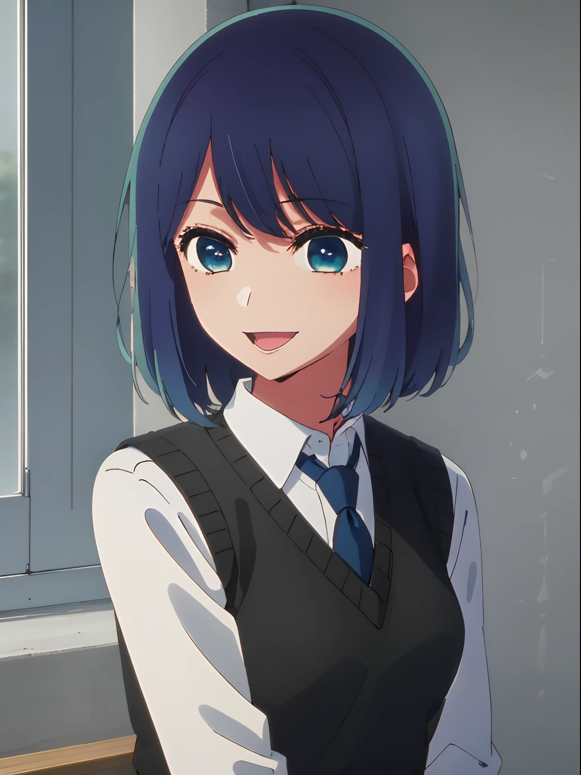bela iluminação, 1 garota em, só, Akane, camisa branca, Colete suéter, colete preto, gravata azul, ((estilo anime))、((2D))、Um sorriso、Abra sua boca、De frente
