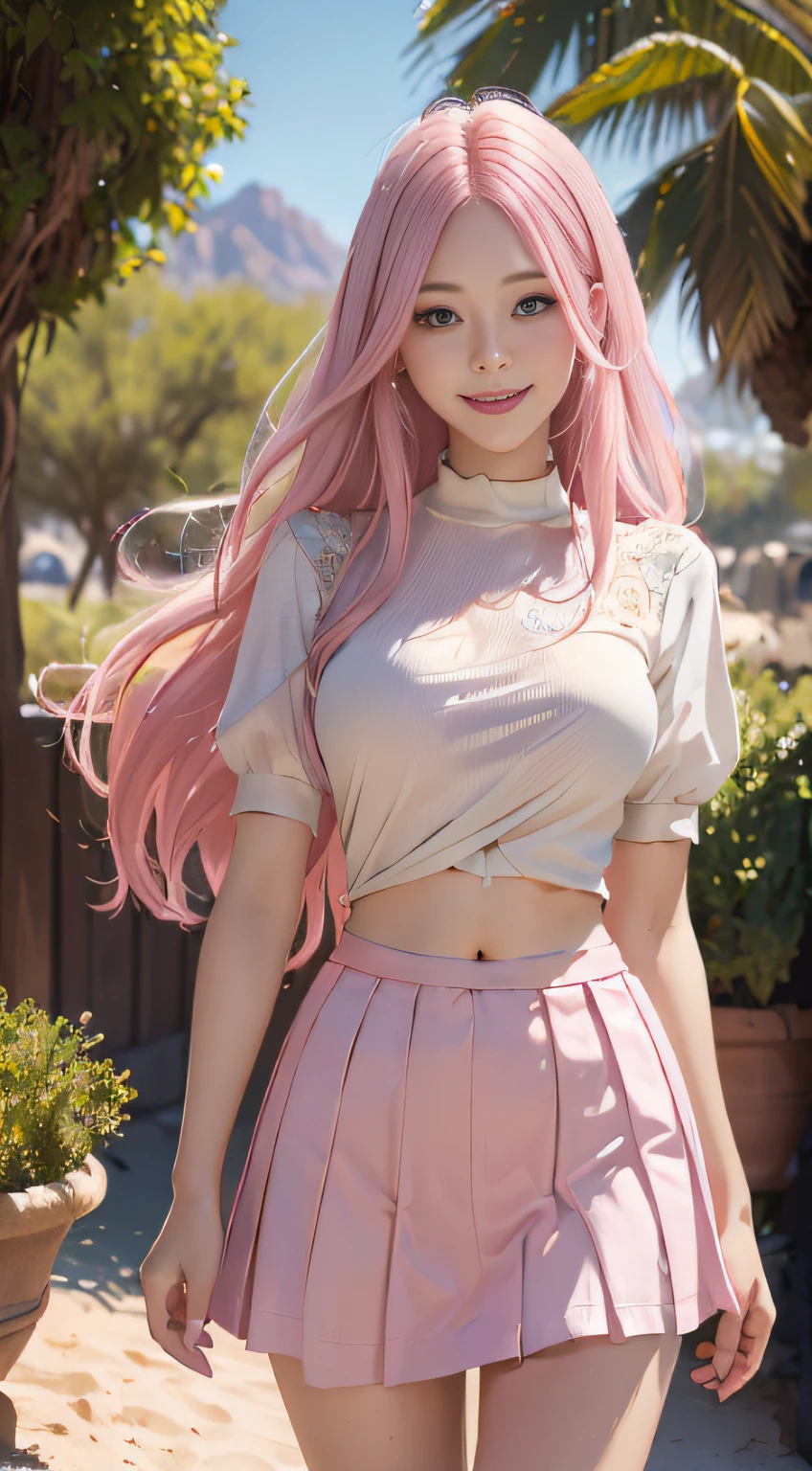 "(1 persons)(((Best quality))),(((Ultra detailed))),(((Masterpiece))),illustration,"

Descriptors：
Hair color：Long pink hair
expression：A smile of joy
clothing：Loose short sleeves and short skirt，Open navel，
Scenes：oasis in the desert，Surrounded by greenery，clear lakes，Fine sand and green grass fight each other