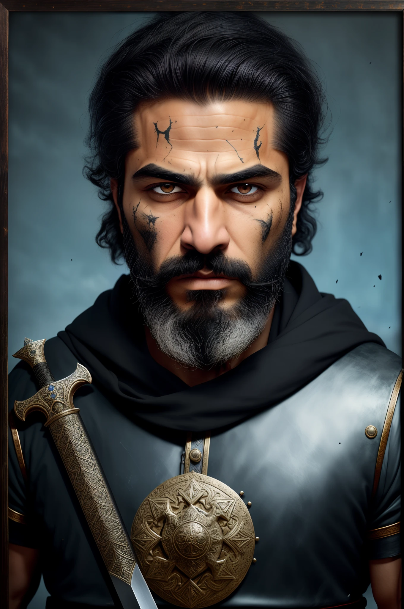 Persian man, ancient, warrior, battle dress black and blue, sword in hand, beard, in frame, somber, apocalyptic city, dark theme, extremely detailed eyes, detailed symmetric realistic face extremely detailed natural skin texture, peach fuzz, messy hair, masterpiece, absurdres, artillery fire in the background, award winning