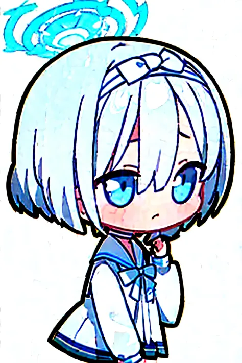 arona, 1girl, white hairband, bow hairband, halo, short hair, single braid, school uniform, blue shirt, white sailor collar, lon...