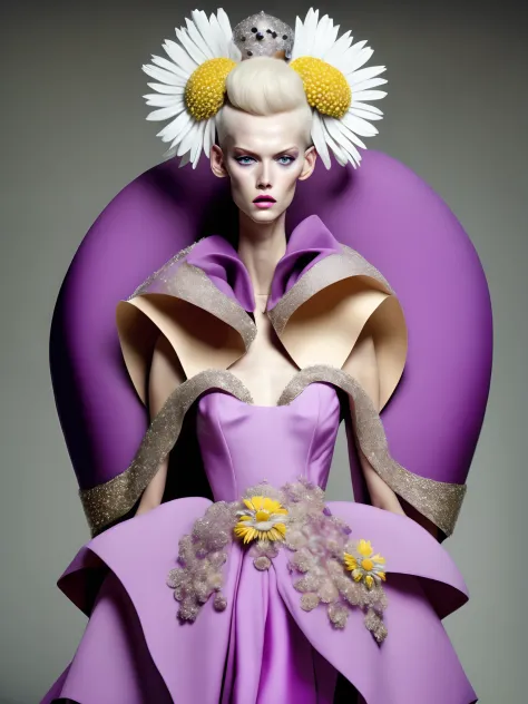beautiful blond angel with daisy, avant-garde fashion model, striking purple dress, elaborate headpiece