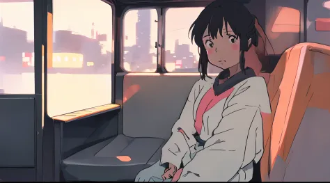 There is a woman sitting on a bench on a train, Tokyo Anime Scene, lofi artstyle, Blurry dreamy illustration, digital anime illu...