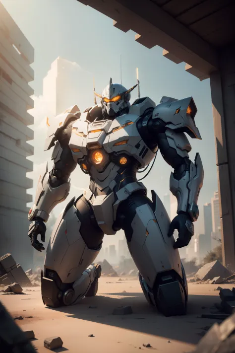 ((Best quality)), ((masterpiece)), (highly detailed:1.3), 3D,Shitu-mecha, handsome cyberpunk men with his mecha in the ruins of city from a forgoten war, ancient technology,HDR (High Dynamic Range),Ray Tracing,NVIDIA RTX,Super-Resolution,Unreal 5,Subsurfac...