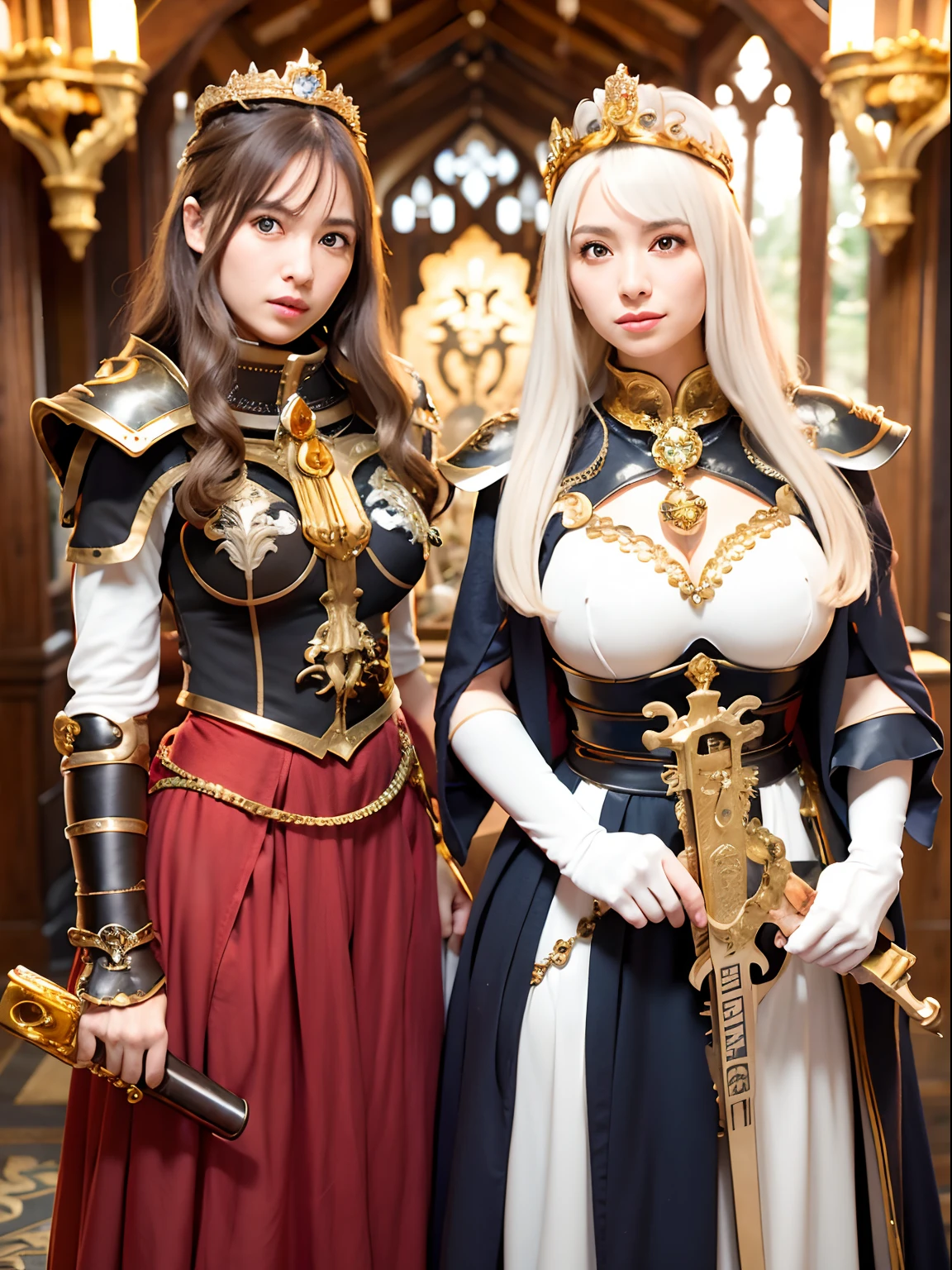 (masutepiece), Professional , ​masterpiece、top-quality、photos realistic , depth of fields （Gemstone Silver Metal Body:1.９),(Matte White、Jewel Gold Weapon（Jewel Metal Body:1.４),Gorgeous metal weapons , Detailed Sword of the Brave , Beautiful knife   ,warhammer 40k , adepta sororitas,Detail and ornate jewel crown、Golden hair、Gangle's forest background、Beautiful Caucasian beauty、１a person、dynamic ungle,(((Detailed and ornate diamond crown)))、Smaller head、A smile、Background inside the castle、Thin and beautiful female hands、cleavage of the breast、Soldier in iron armor on background、Soldier in iron armor on background、Mystical expression、Light Effects、