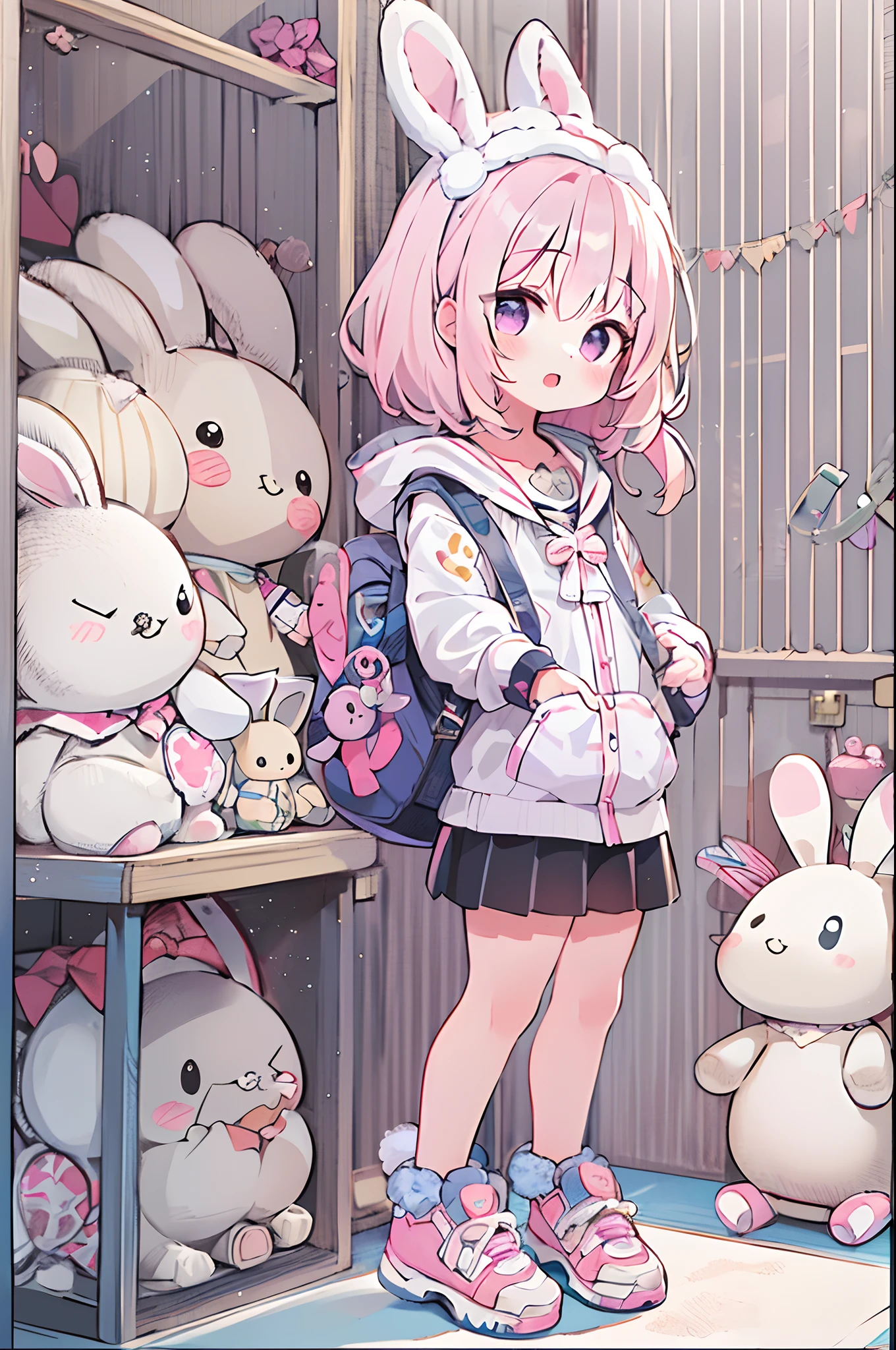 1girl in、absurderes, hight resolution, ((masutepiece)), animesque、((Best Quality))、 (Ultra-detailed), (Beautiful), ((Kawaii Girl)),  独奏,(14years:1.6)、Beautiful face、White skin、Toys Section、Girl has a very cute big stuffed rabbit.、Cute casual outfit、Light pink hair、Purple eyes