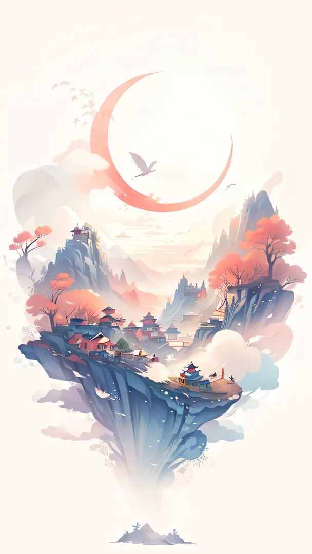 Beautiful art illustration in Chinese watercolor style，Fantastic landscape artwork，Depicts birds flying over Full Moon Mountain，With tranquility、Hazy and dreamy atmosphere，Offers 8K high-quality details and artistry，Showcase Chinese art style，A dreamy land...