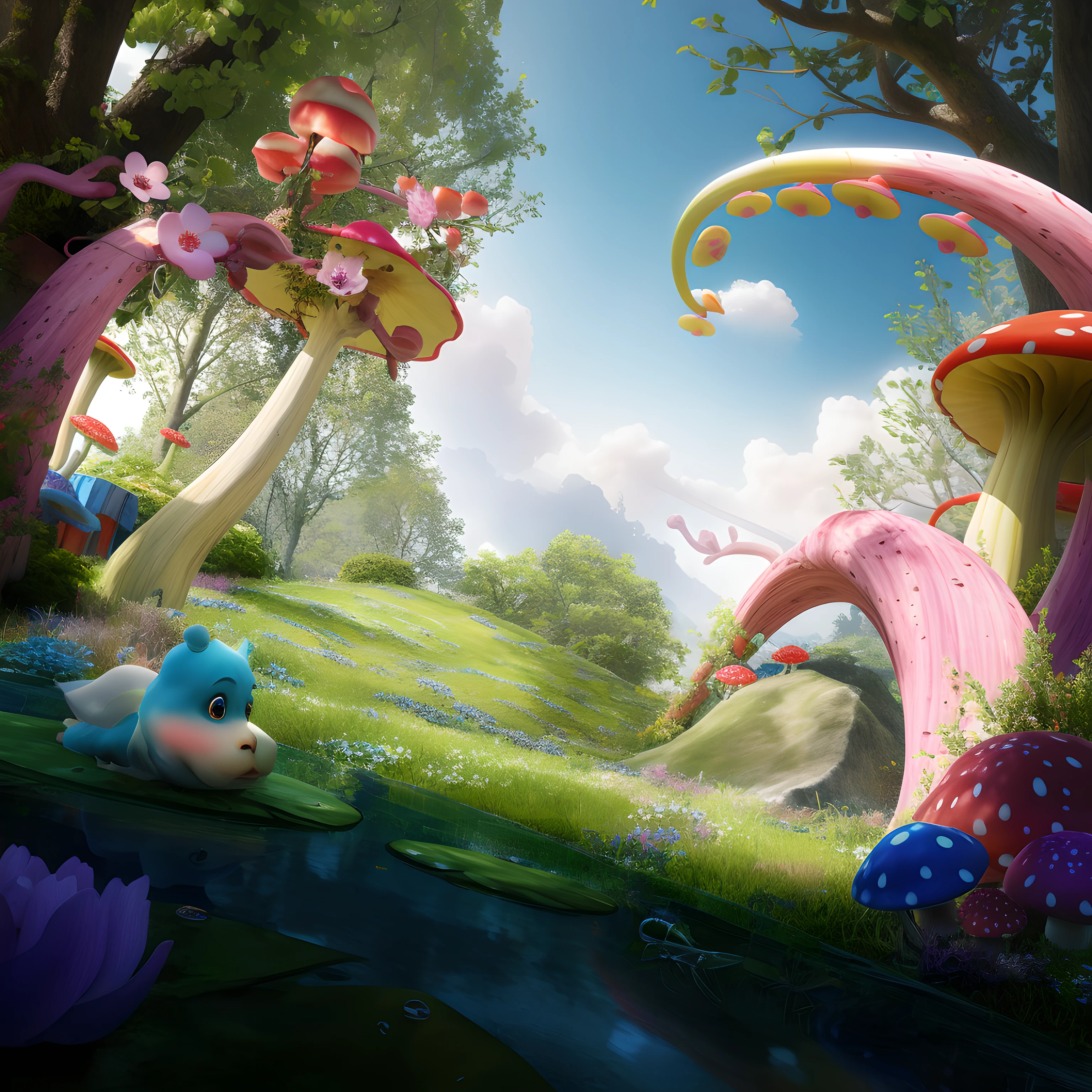 There is a picture of a colorful mushroom garden，There are flowers inside, whimsical fantasy landscape art, beautiful render of a fairytale, fantasy matte painting， Rolands Zilvinskis 3D rendering art, Beautiful digital artwork, Realistic fantasy rendering, fantasy magical vegetation, beautiful 3d concept art, 4k highly detailed digital art, colorfull digital fantasy art, From Alice in Wonderland