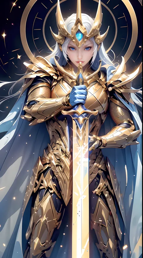 An awe-inspiring paladin wearing golden armor, wielding a sword imbued with radiant light, and holding a golden giant shield. Th...