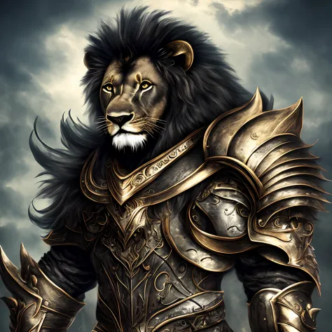 Super muscular black giant lion with big white hair, standing in black armor