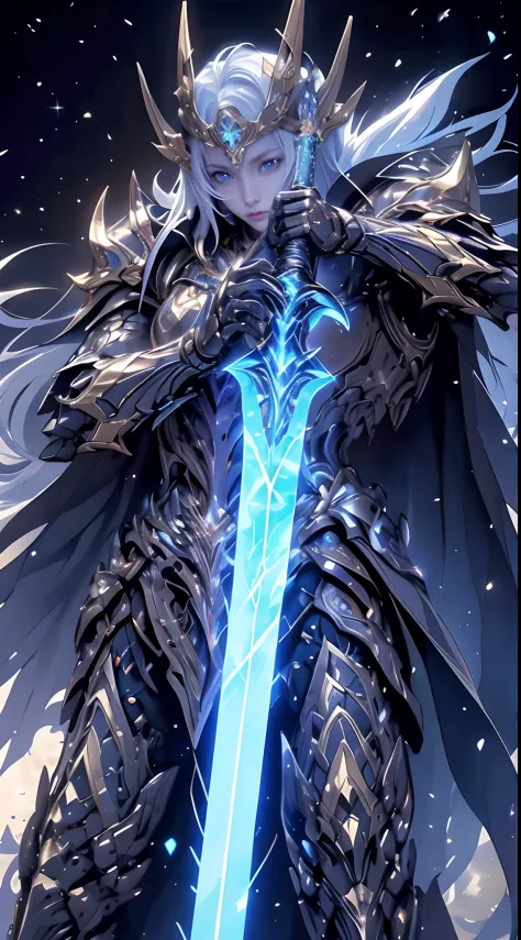"An awe-inspiring paladin wielding a sword imbued with radiant light, emanating potent light magic. The scene is set in a dark and mysterious cityscape, illuminated by the glow of the paladin's sword. The composition is expertly crafted, with breathtaking ...