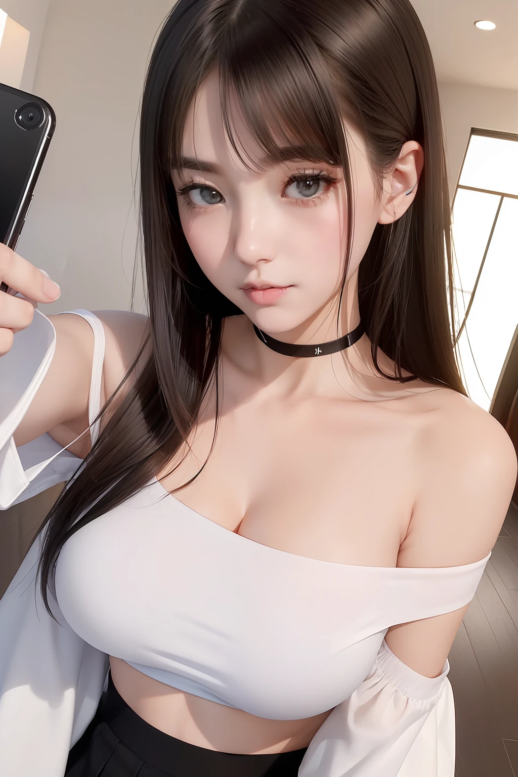 top-quality, 超A high resolution, (Photorealsitic:1.4), 女の子1人, ((Off-shoulder white shirt)), (Black tight skirt), Black Choker, (Faded brown hair:1), (Ideal female body shape), (Shallow cleavage), ((I'm standing and taking a selfie with my phone)), a closeup,